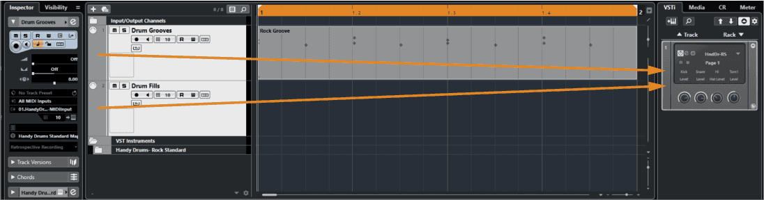 Two midi tracks routed to a single VST rack drum plugin.