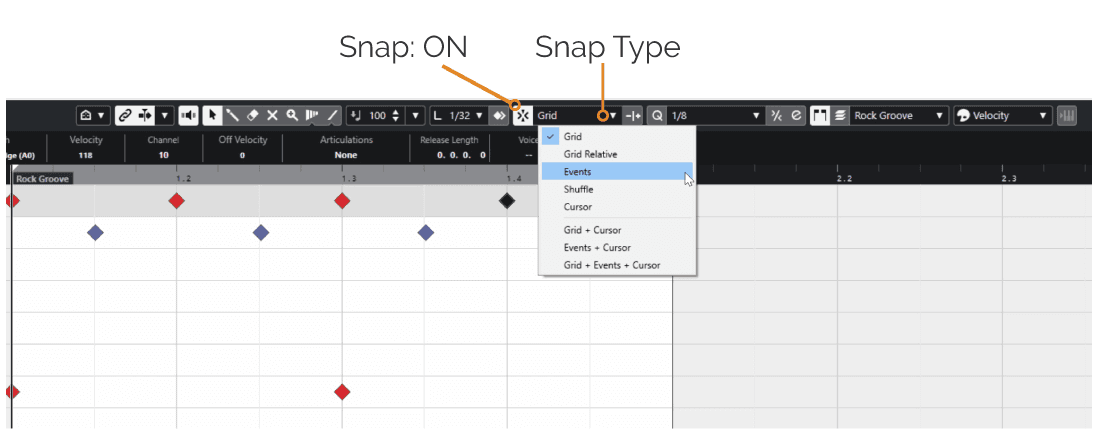 Turning midi editor snap ON and selecting snap type to "Events".