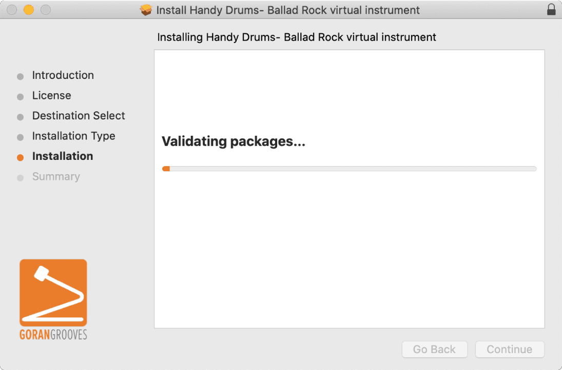 Handy Drums Mac installer progress bar.