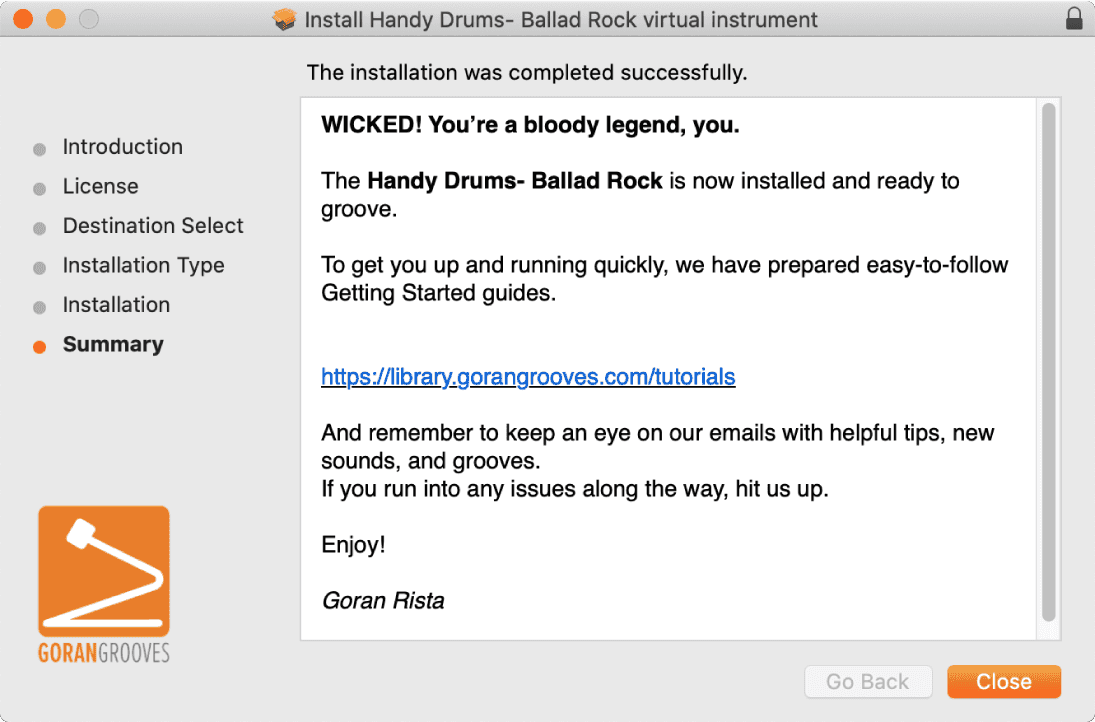 Handy Drums Mac installer final screen.