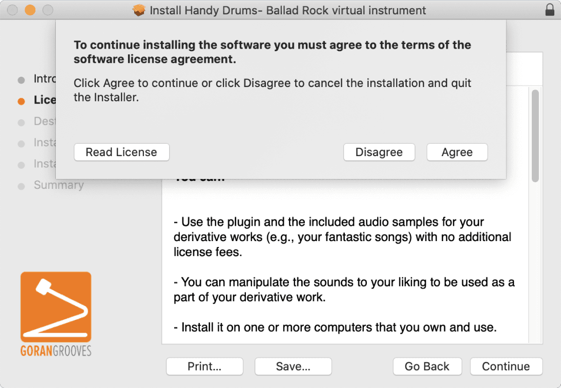 Handy Drums Mac installer license agreement button.