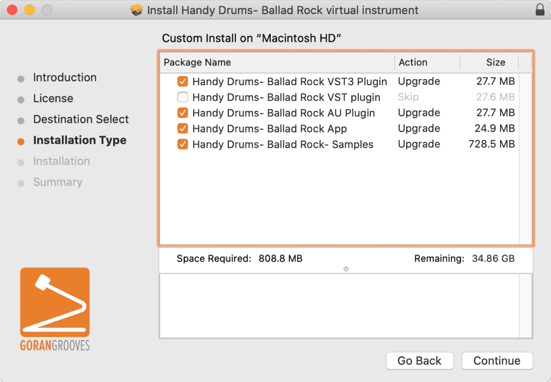 Handy Drums Mac installer selection of components that will be installed.