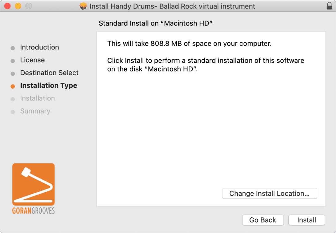 Handy Drums Mac installer final prompt screen.