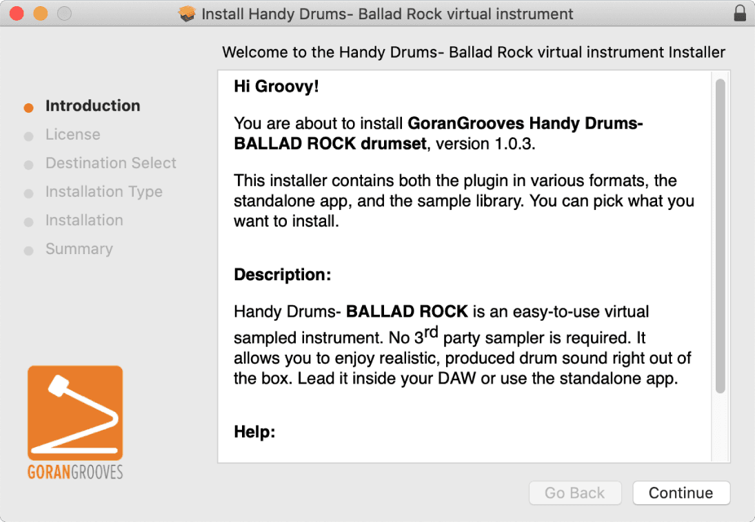 Handy Drums intro screen of plugin installer for Mac.