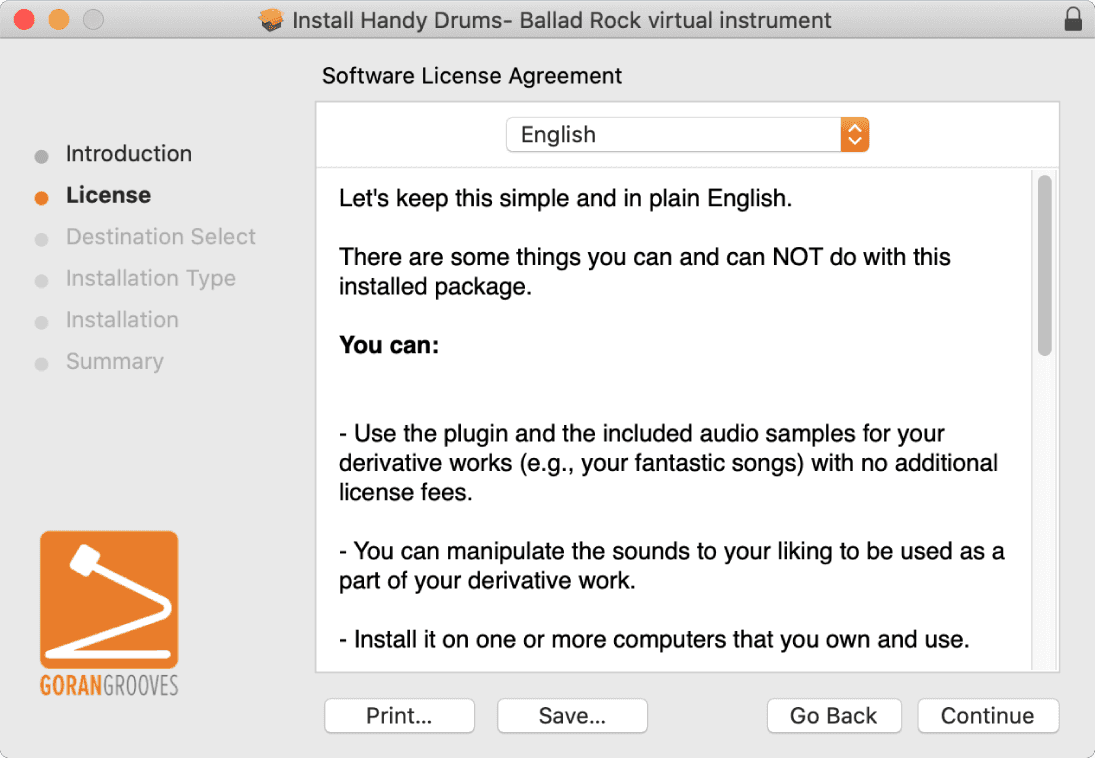 Handy Drums plugin installer License Agreement page.
