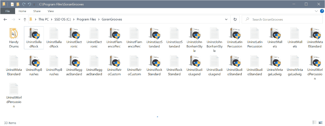 All currently installed Handy Drums plugins within a programs folder on a computer.