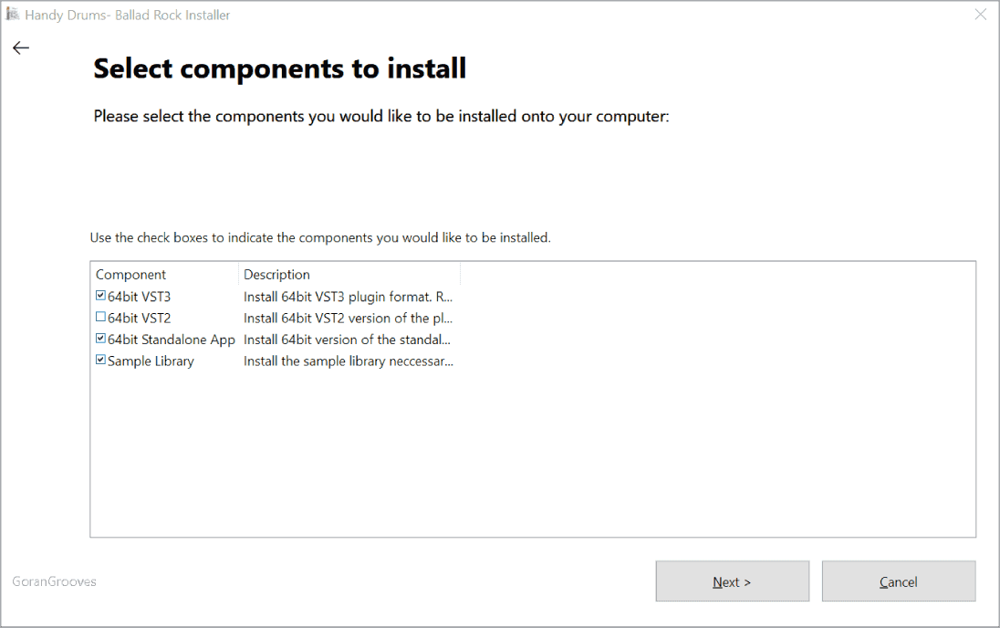 Handy Drums plugin installer prompt to select components for installation.