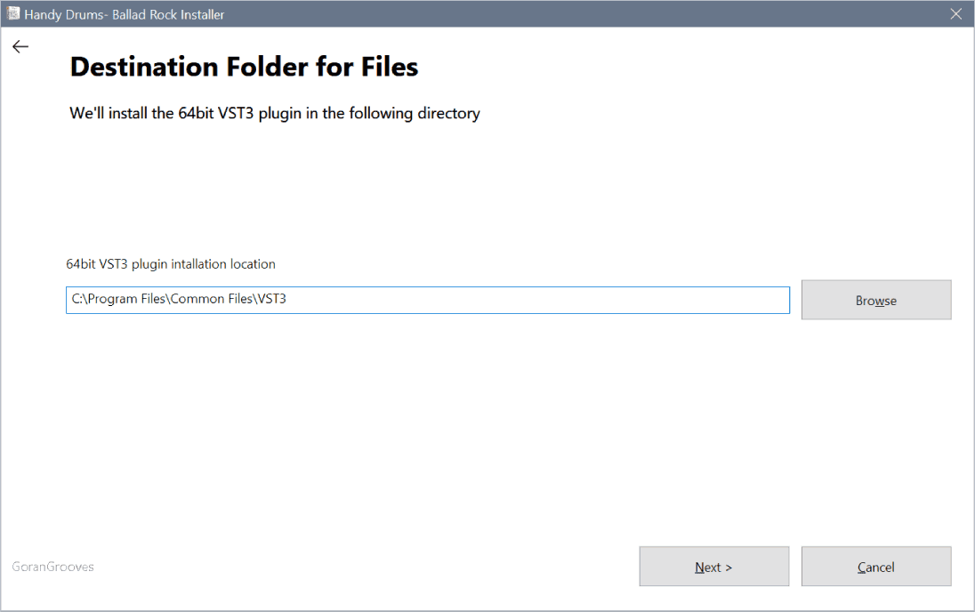 Handy Drums installer showing destination where the plugin will be installed.