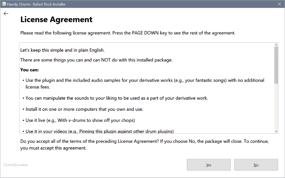 Handy Drums plugin installer license agreement page.