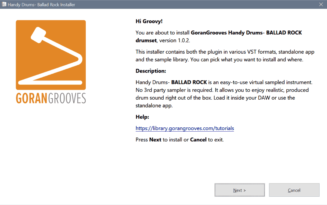 Handy Drums plugin installer initial greetings page.