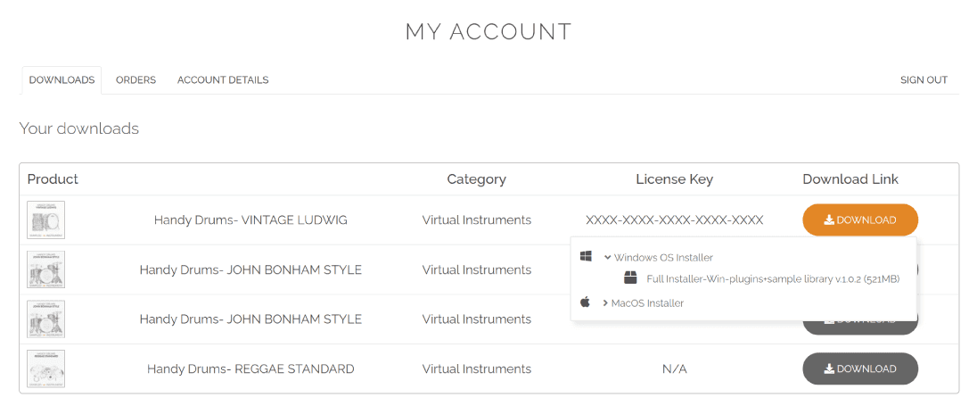 Download section of GoranGrooves Library showing downloadable files organized in folders and subfolders.