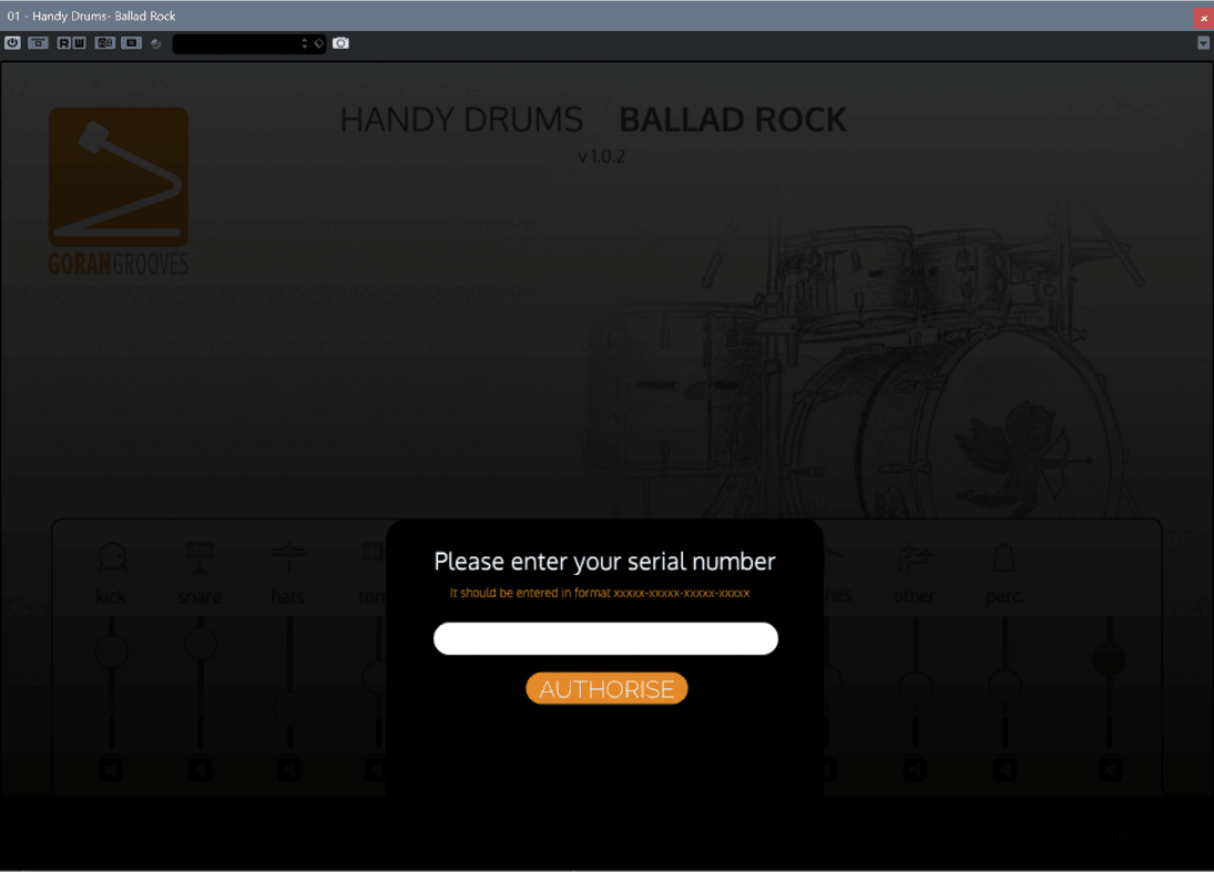 Handy Drums initial GUI prompting user to enter serial number to authorize the plugin.