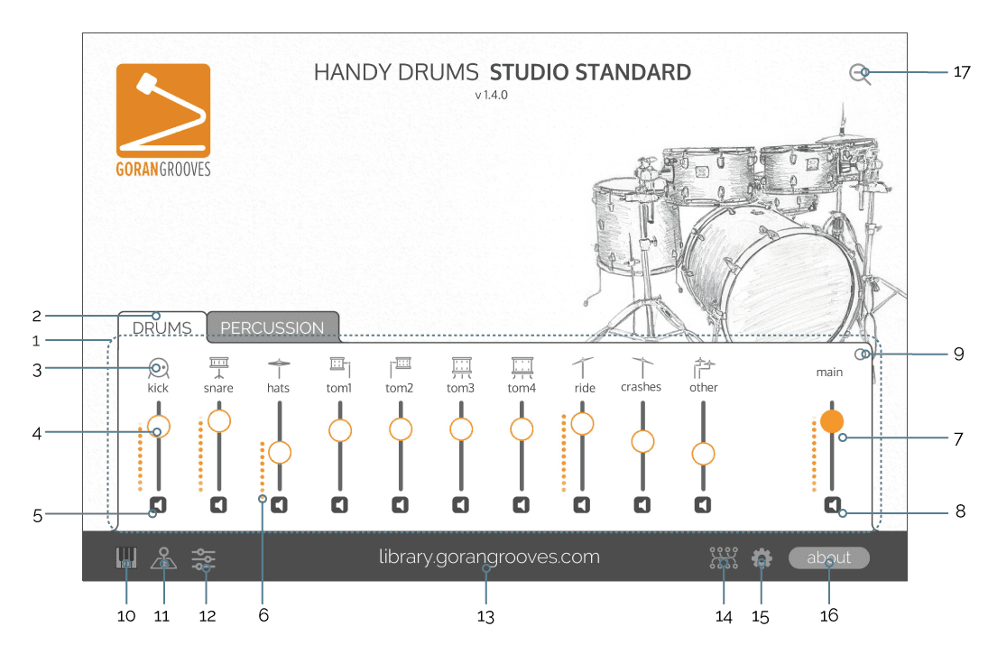 Virtual drums graphic interface with controls explained