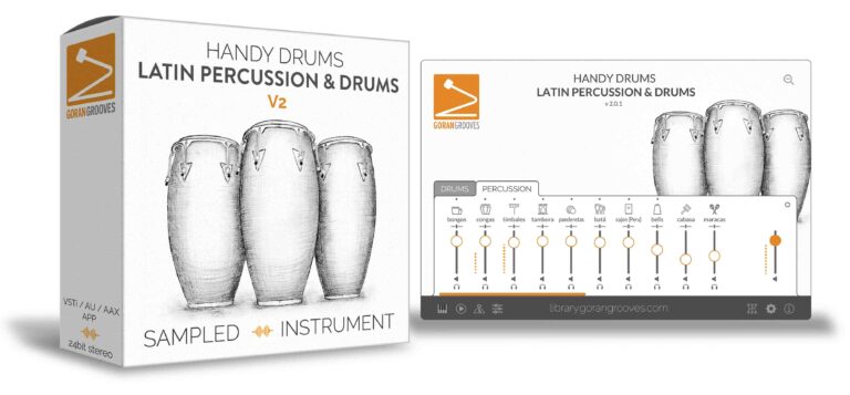 3d virtual packaging box of handy drums next to main GUI page of handy drums latin percussion v2