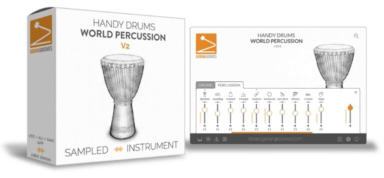 3d virtual packaging box of handy drums next to main GUI page of handy drums world percussion v2
