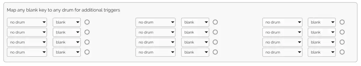 a section of handy drums mapping page showing blank mapping drop down boxes