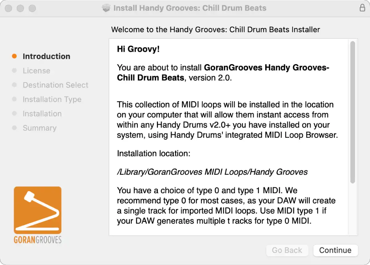 Handy Grooves v2.0 installer for MacOS prompt screen step 1: Introduction