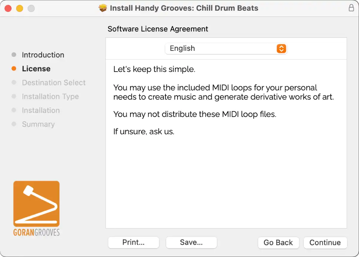 Handy Grooves v2.0 installer for MacOS prompt screen step 2a: License