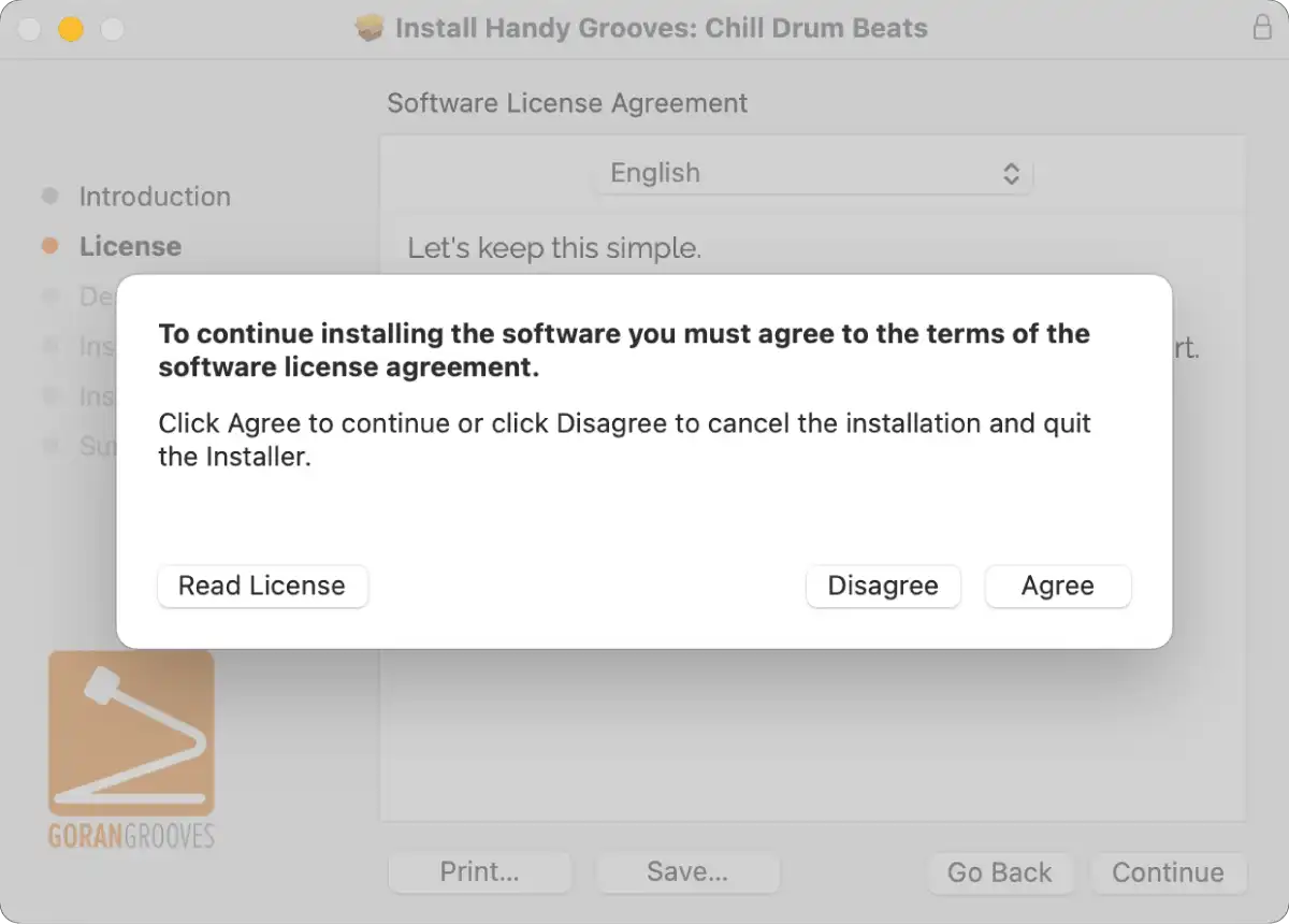 Handy Grooves v2.0 installer for MacOS prompt screen step 2b: License agreement