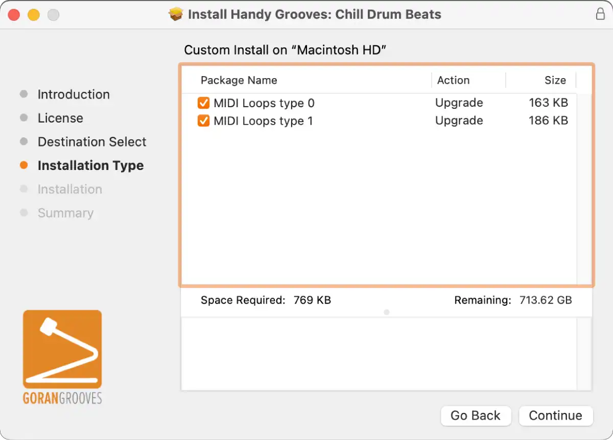 Handy Grooves v2.0 installer for MacOS prompt screen step 3a: Installation Type