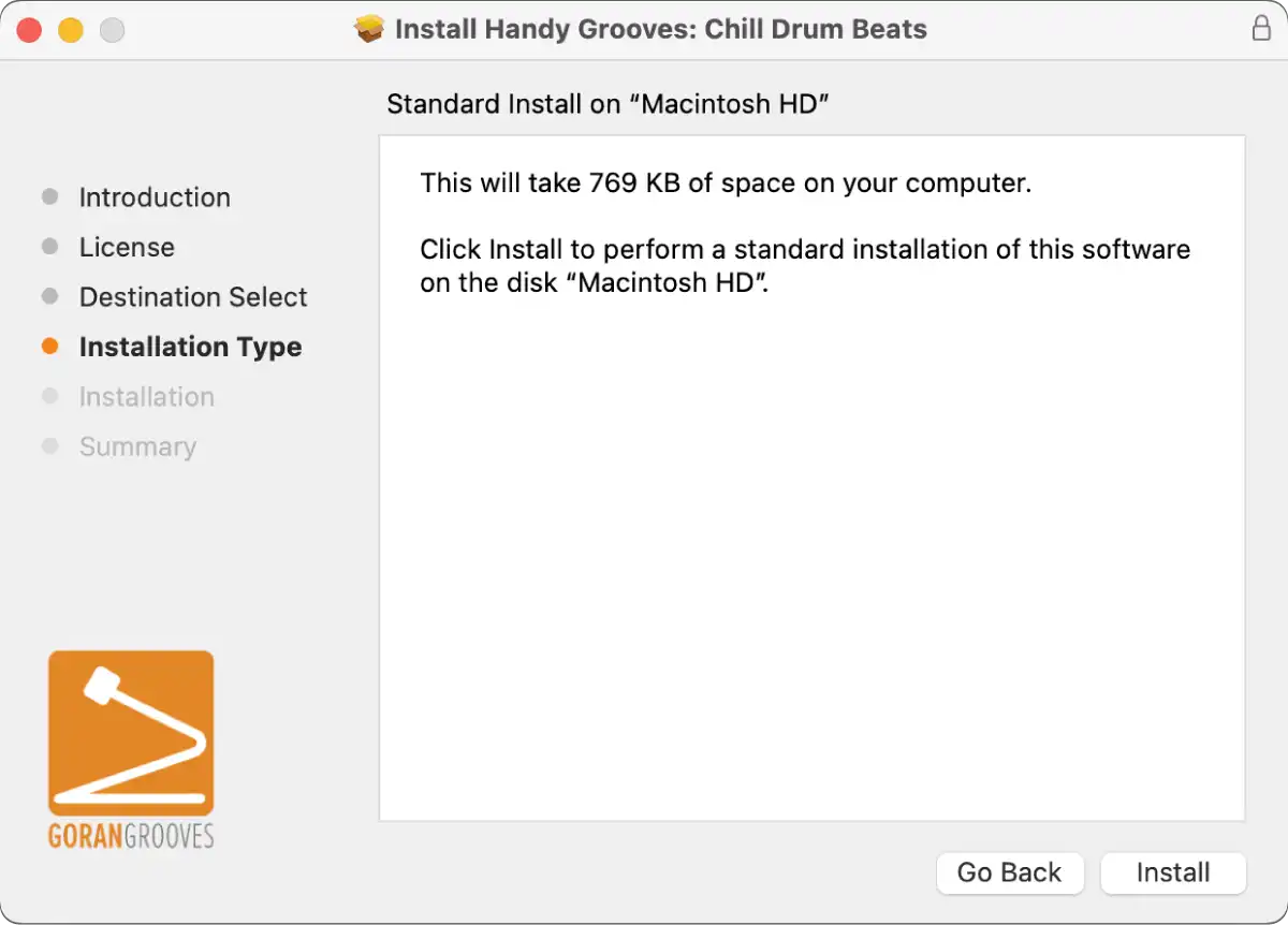 Handy Grooves v2.0 installer for MacOS prompt screen step 3b: Installation Type