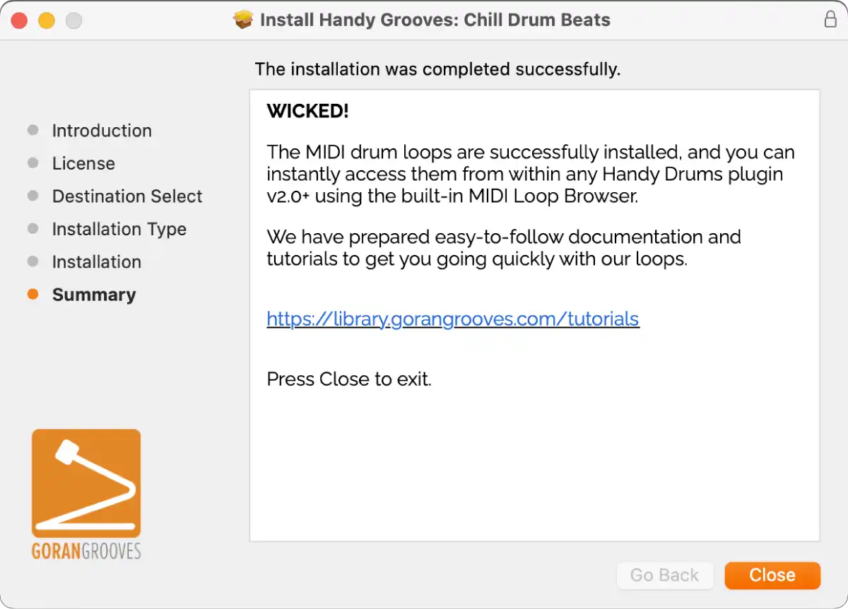 Handy Grooves v2.0 installer for MacOS prompt screen step 5: Completion and summary