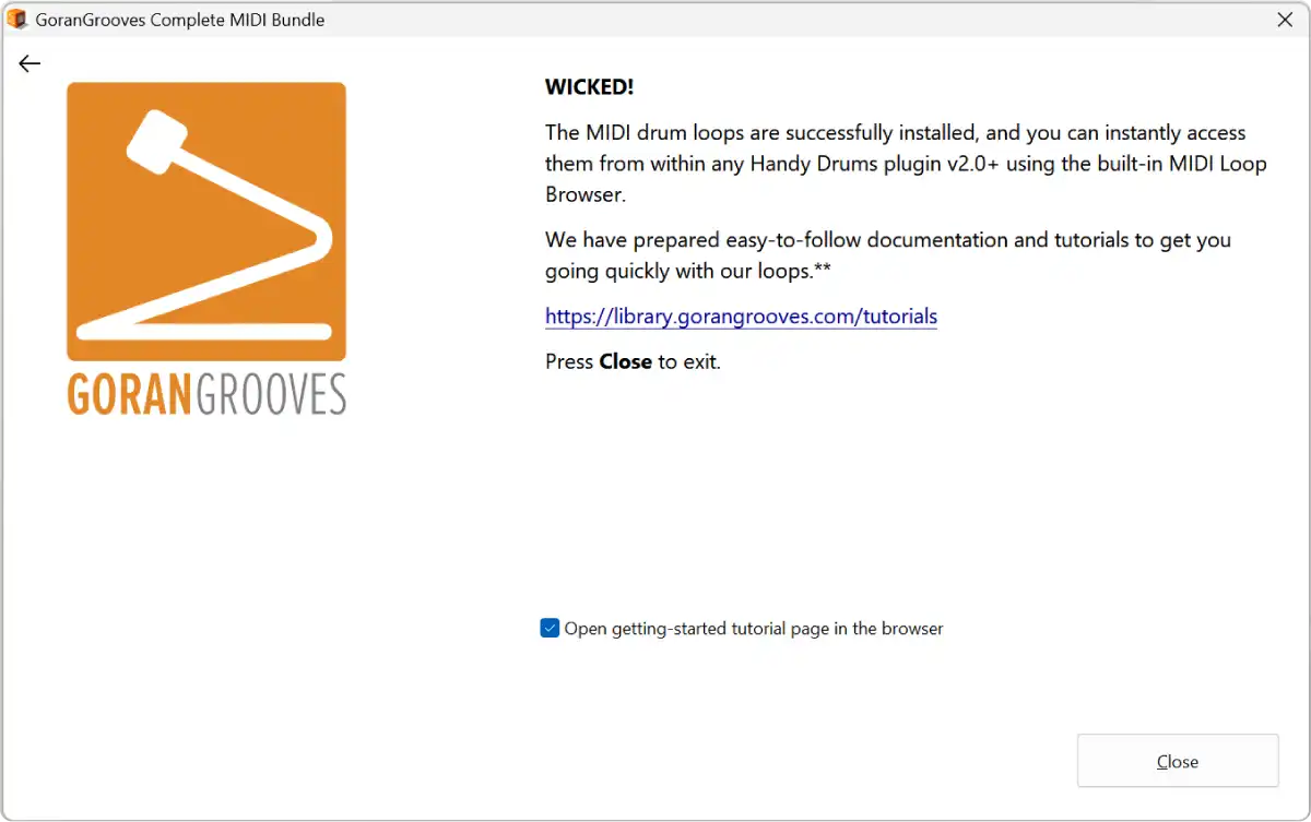 GoranGrooves MIDI Bundle installer final summary screen.
