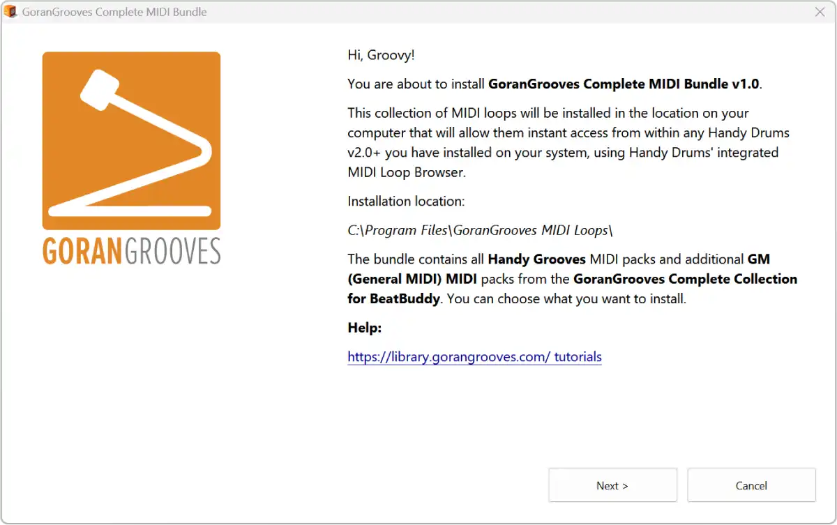 GoranGrooves MIDI Bundle installer initial welcome screen, explaining that the collection of MIDI loop will be installed in a location on computer that will be instantly accessible to all Handy Drums products and their integrated MIDI loop browser.