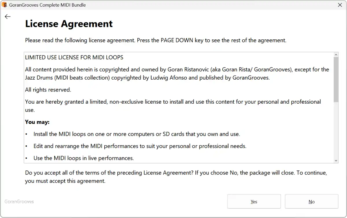 GoranGrooves MIDI Bundle installer displaying the limited use license