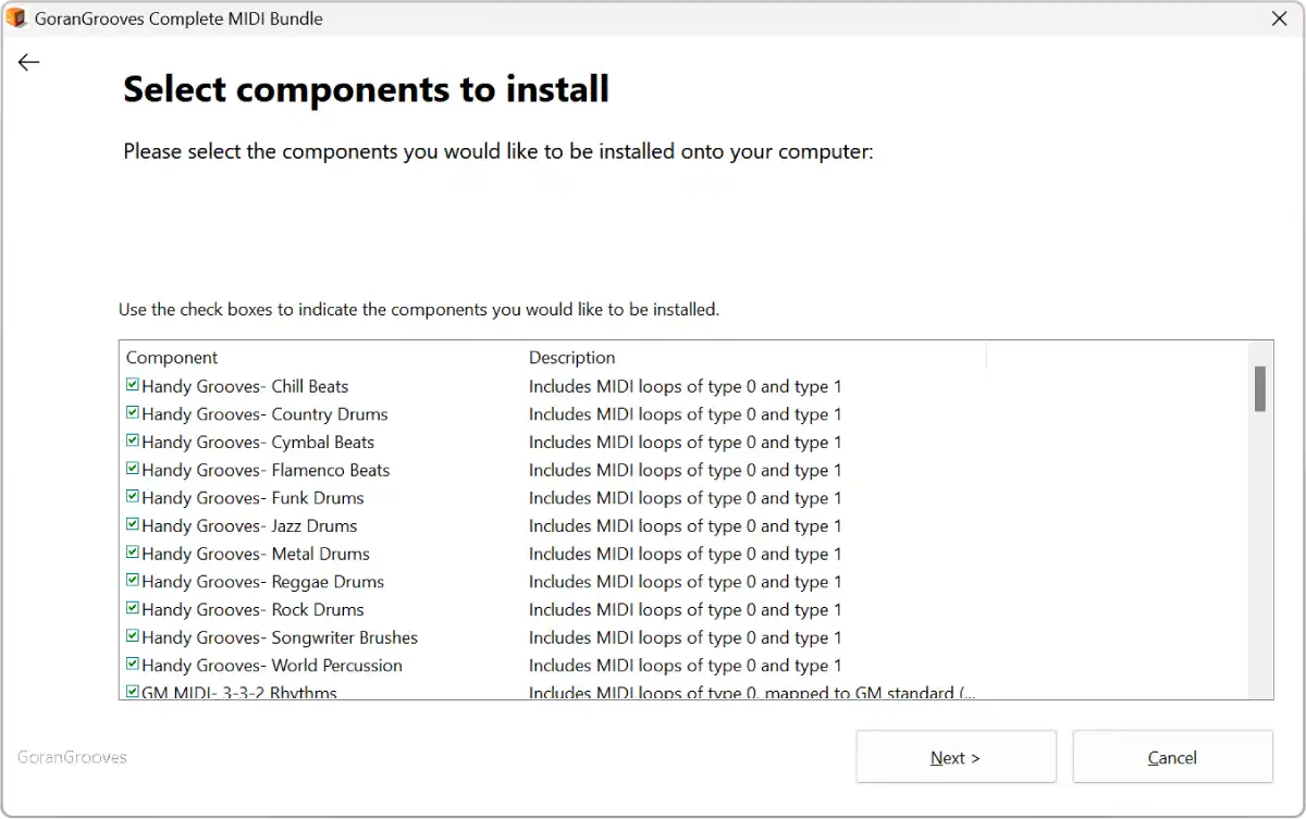 GoranGrooves MIDI Bundle installer component selection dialog.