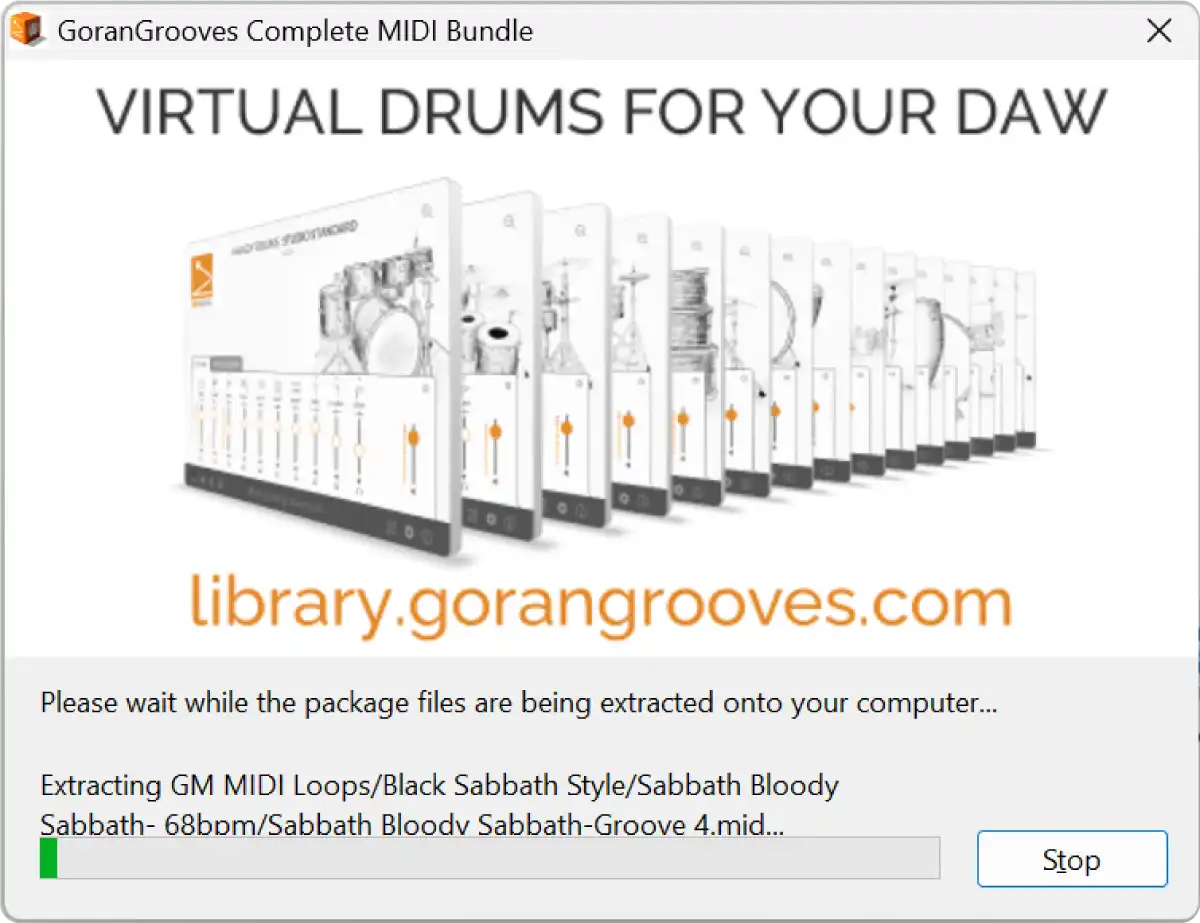 GoranGrooves MIDI Bundle installer splash screen showing an ad for Handy Drums virtual drum plugins.