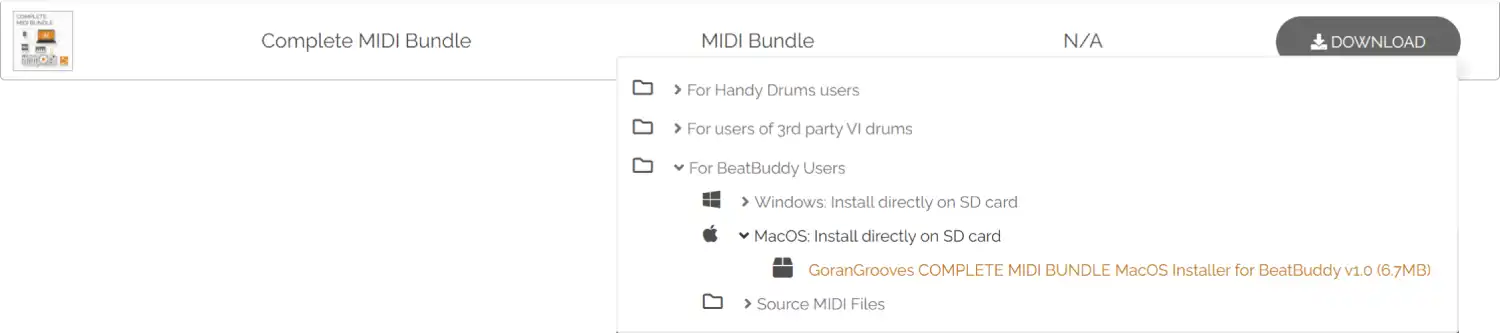 File download area of GoranGrooves account, dropdown platform selection: selected for BeatBuddy users, Mac installer