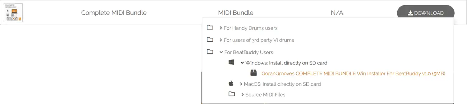 File download area of GoranGrooves account, dropdown platform selection: selected for BeatBuddy users, Windows installer.