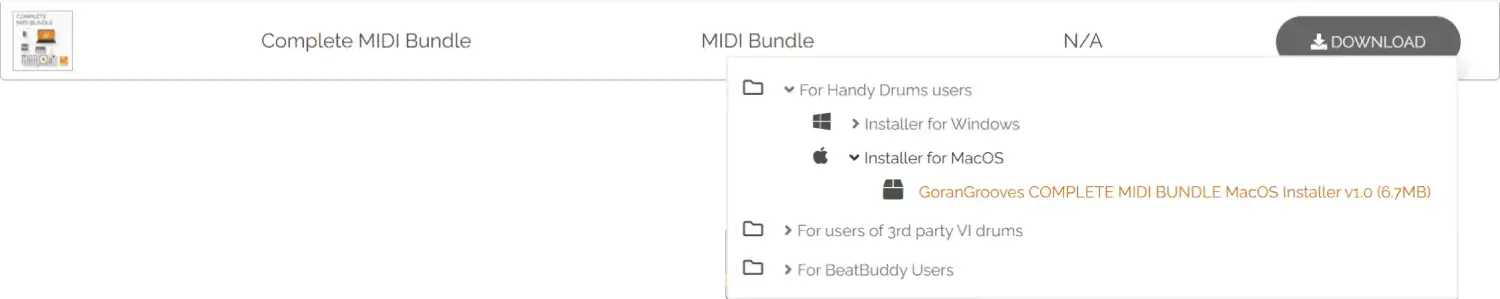 File download area of GoranGrooves account, dropdown platform selection: selected for Handy Drums users, Mac installer.