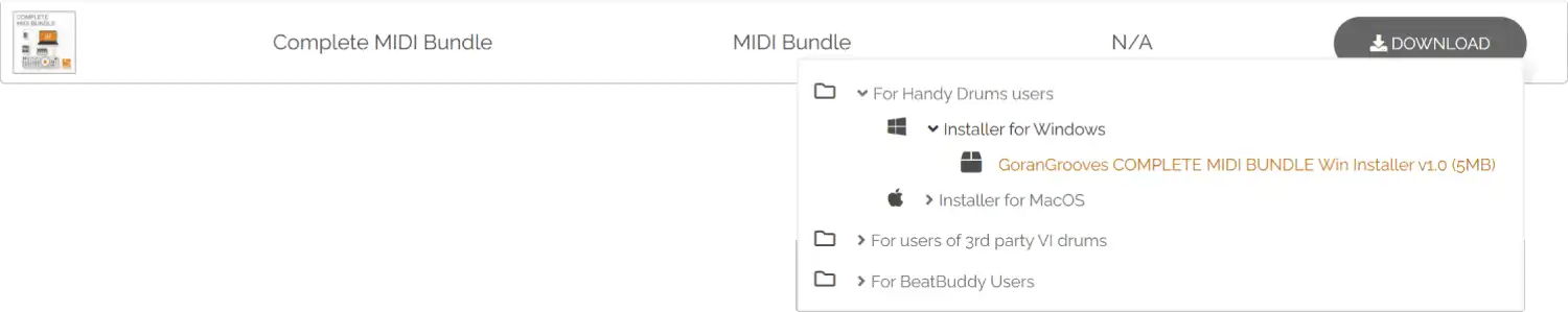 File download area of GoranGrooves account, dropdown platform selection: selected for Handy Drums users, Windows installer.