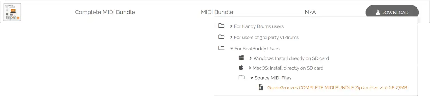 File download area of GoranGrooves account, dropdown platform selection: selected for BeatBuddy users, ZIP archive.
