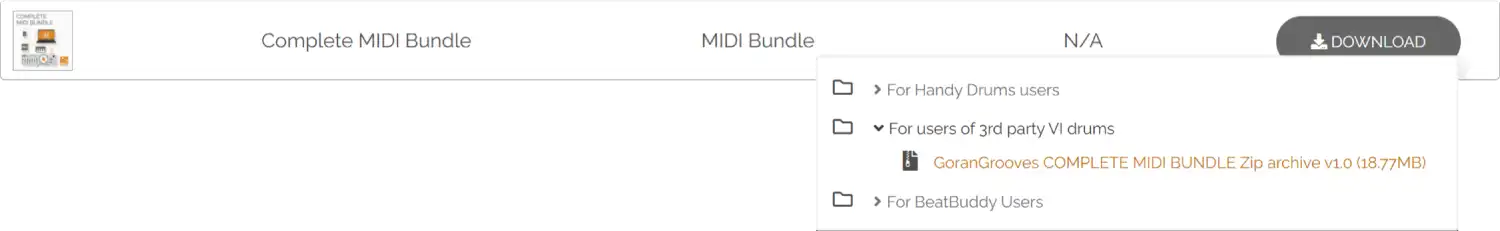 File download area of GoranGrooves account, dropdown platform selection: selected for users of 3rd party drum plugins, ZIP archive.