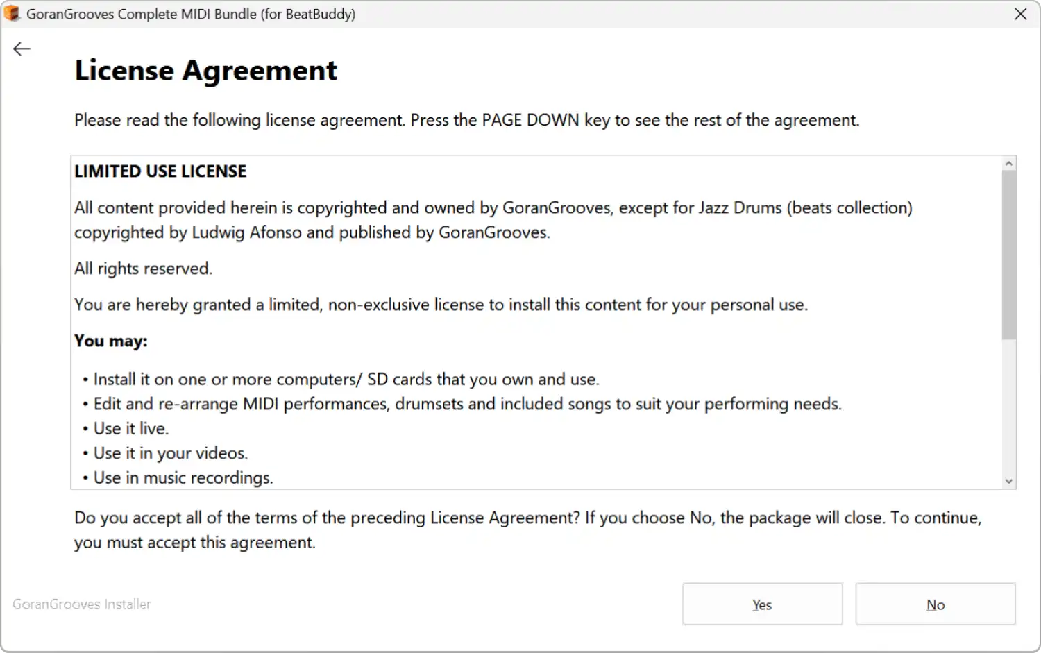 GoranGrooves Complete MIDI Bundle installer license agreement page.