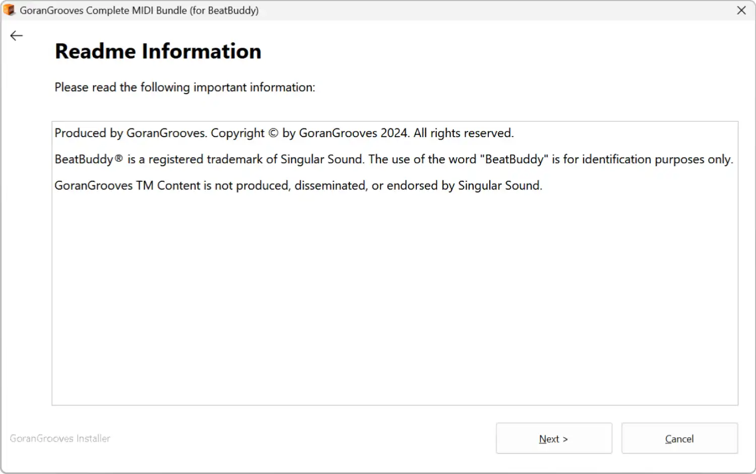 GoranGrooves Complete MIDI Bundle installer Readme Information page specifying copyright ownership.