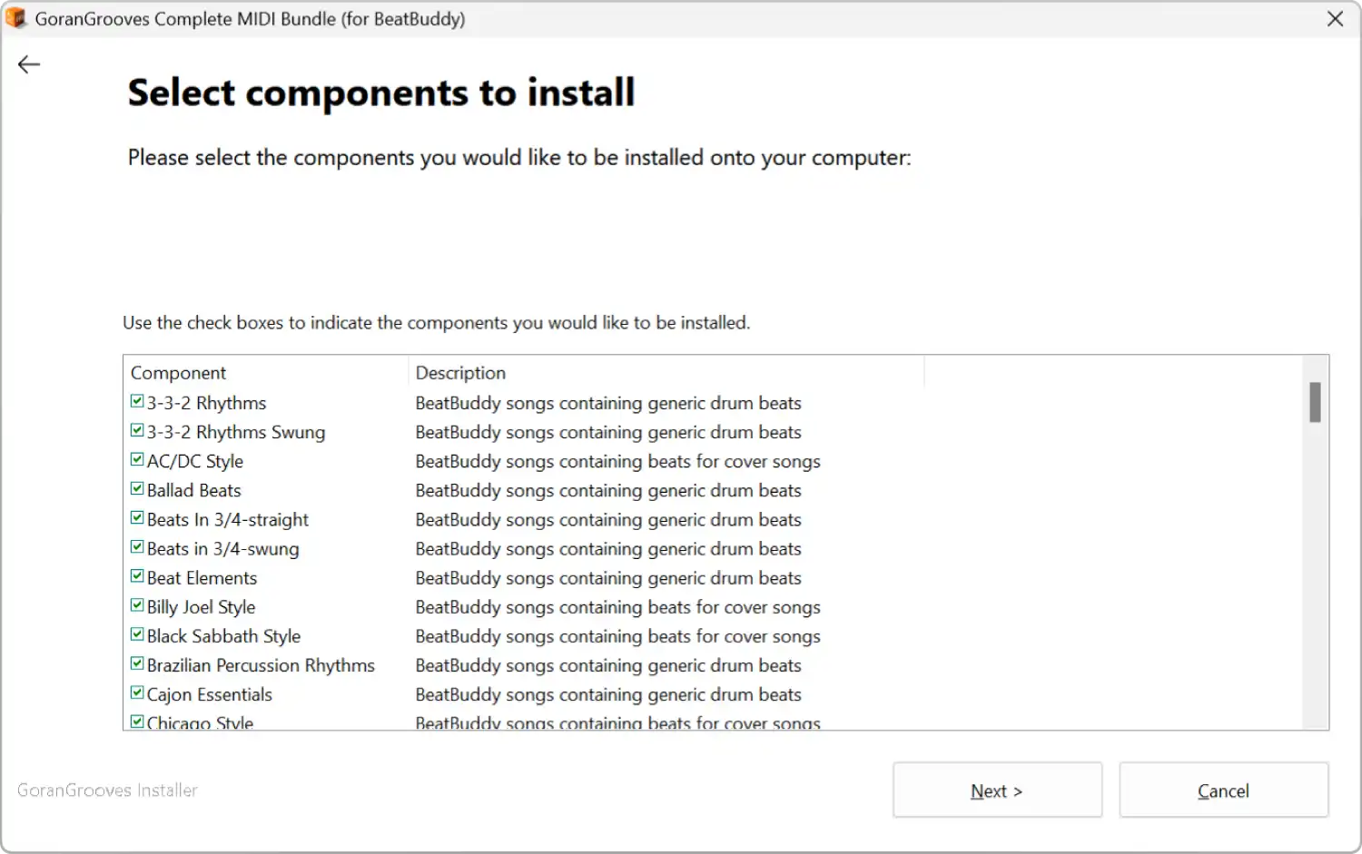 GoranGrooves Complete MIDI Bundle installer MIDI loop pack installation selection listing all included MIDI packs.