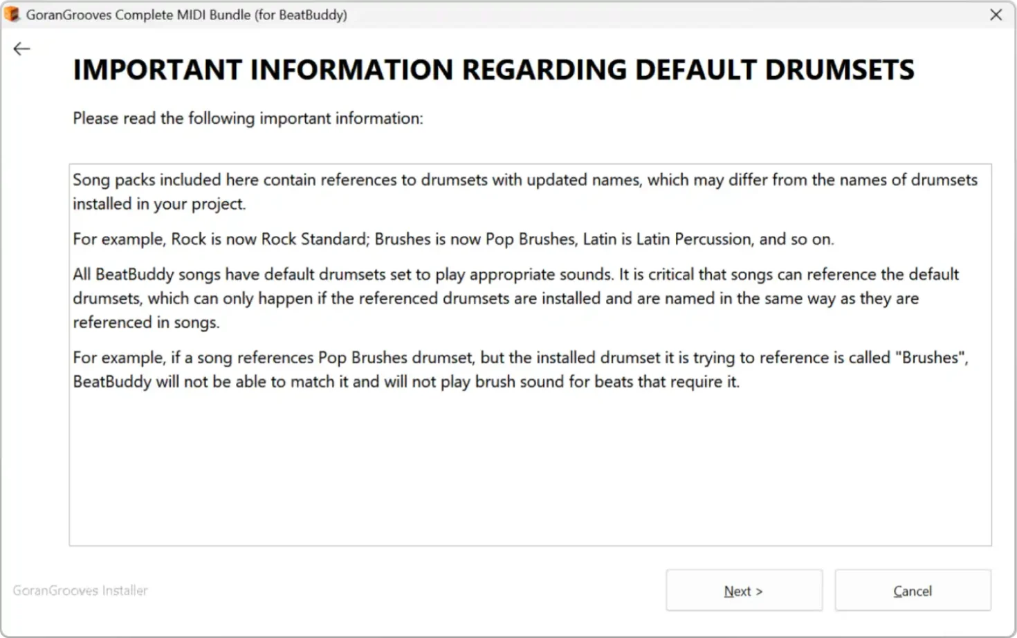 GoranGrooves Complete MIDI Bundle installer: important information regarding default drumsets for BeatBuddy.