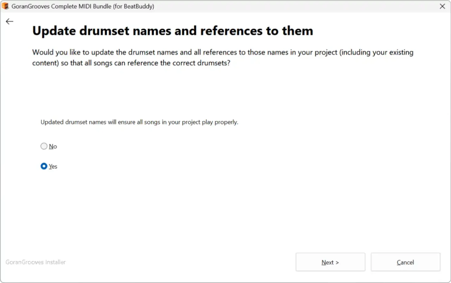 GoranGrooves Complete MIDI Bundle installer: update drumset names and references to them YES/NO prompt.
