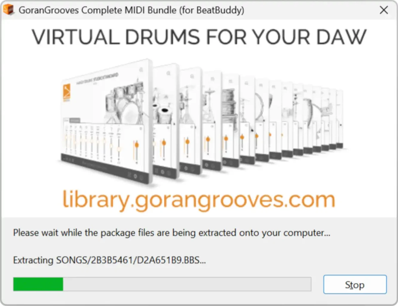 GoranGrooves Complete MIDI Bundle installer progress splash screen.