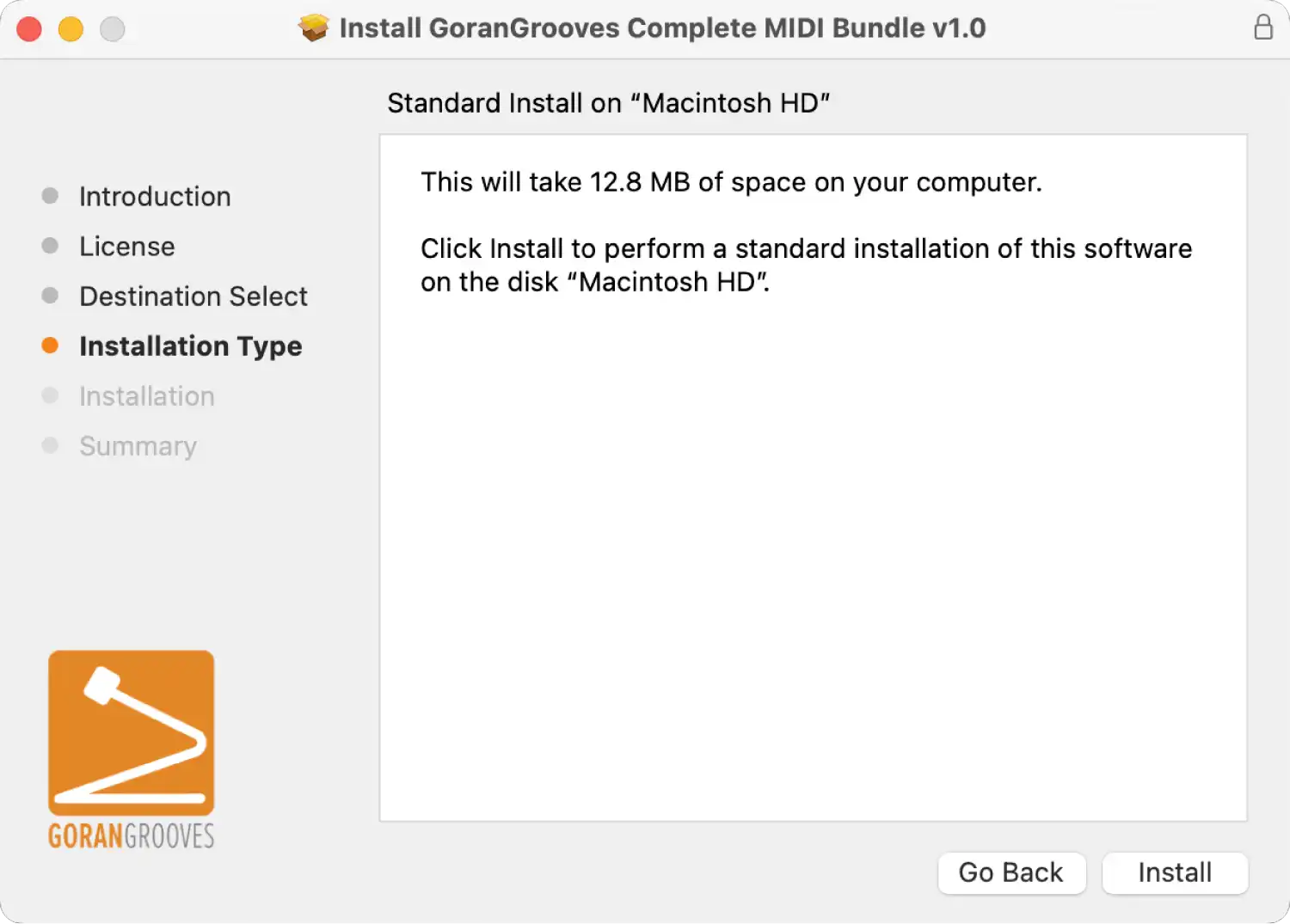 GoranGrooves Complete MIDI Bundle installer for Mac displaying installation type confirmation.