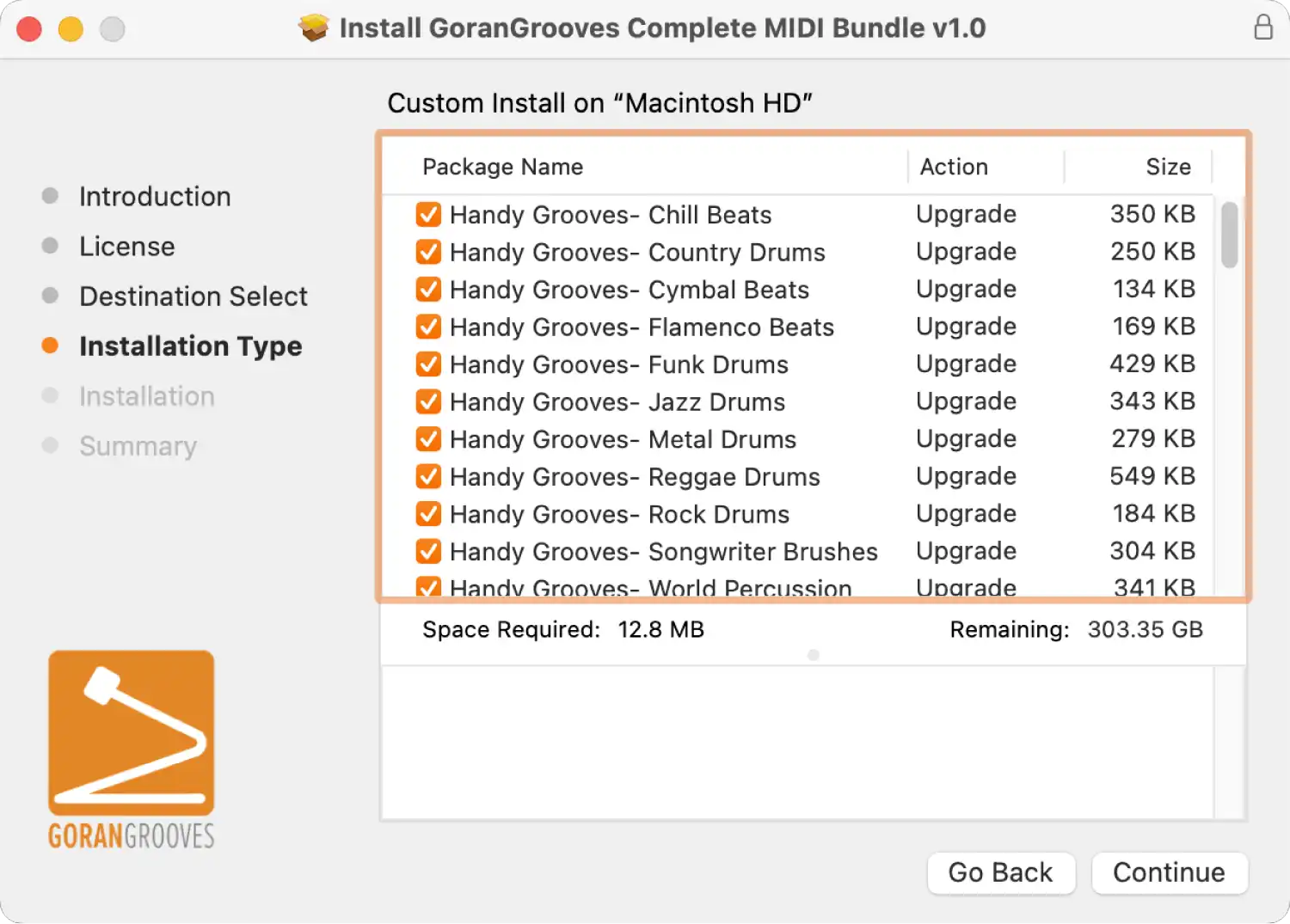 GoranGrooves Complete MIDI Bundle installer for Mac displaying the full list of all MIDI packs included in the installer with an option to deselect any component.