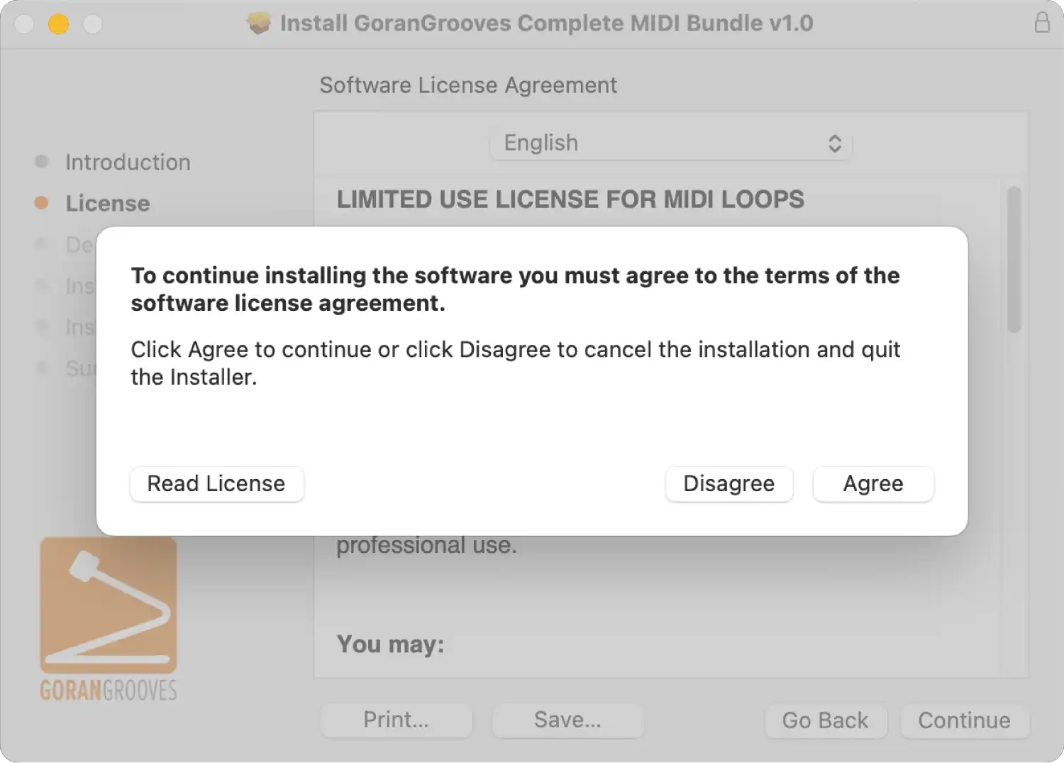 GoranGrooves Complete MIDI Bundle installer for Mac displaying license agreement button prompts to agree.