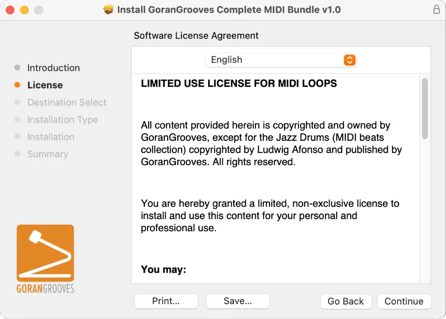 GoranGrooves Complete MIDI Bundle installer for Mac displaying license agreement.