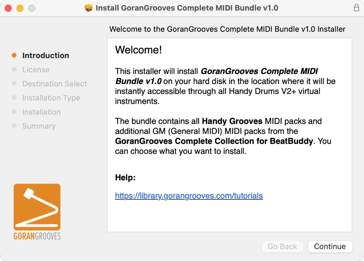 GoranGrooves Complete MIDI Bundle installer for Mac displaying welcome screen.