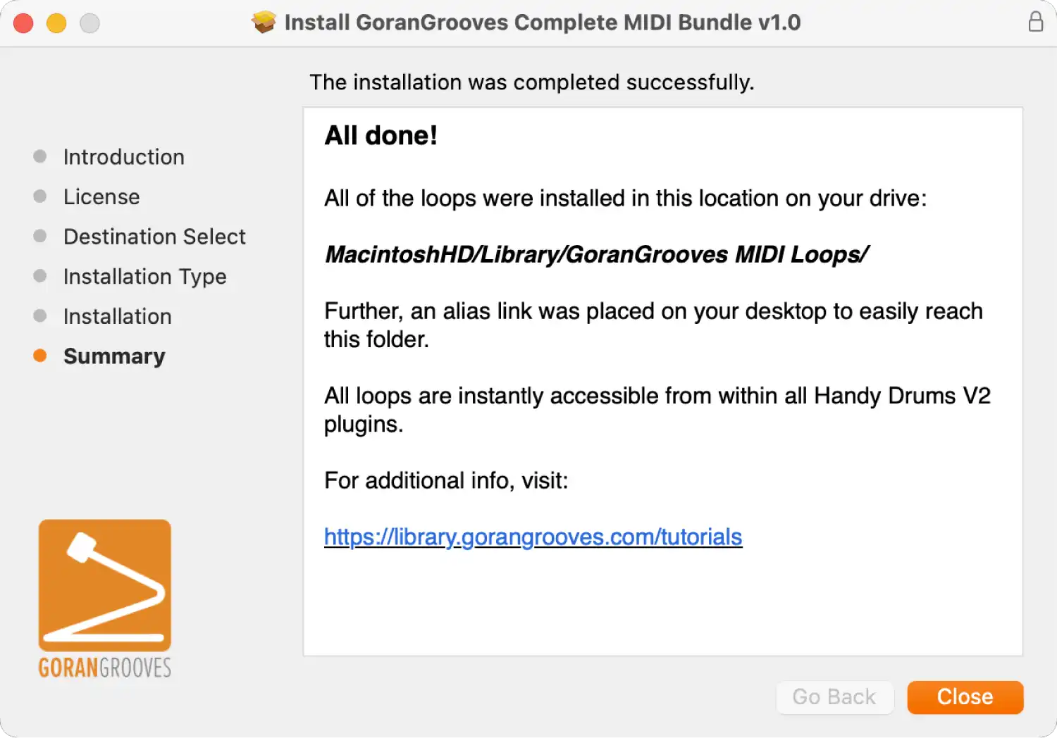 GoranGrooves Complete MIDI Bundle installer for Mac displaying final summary screen.