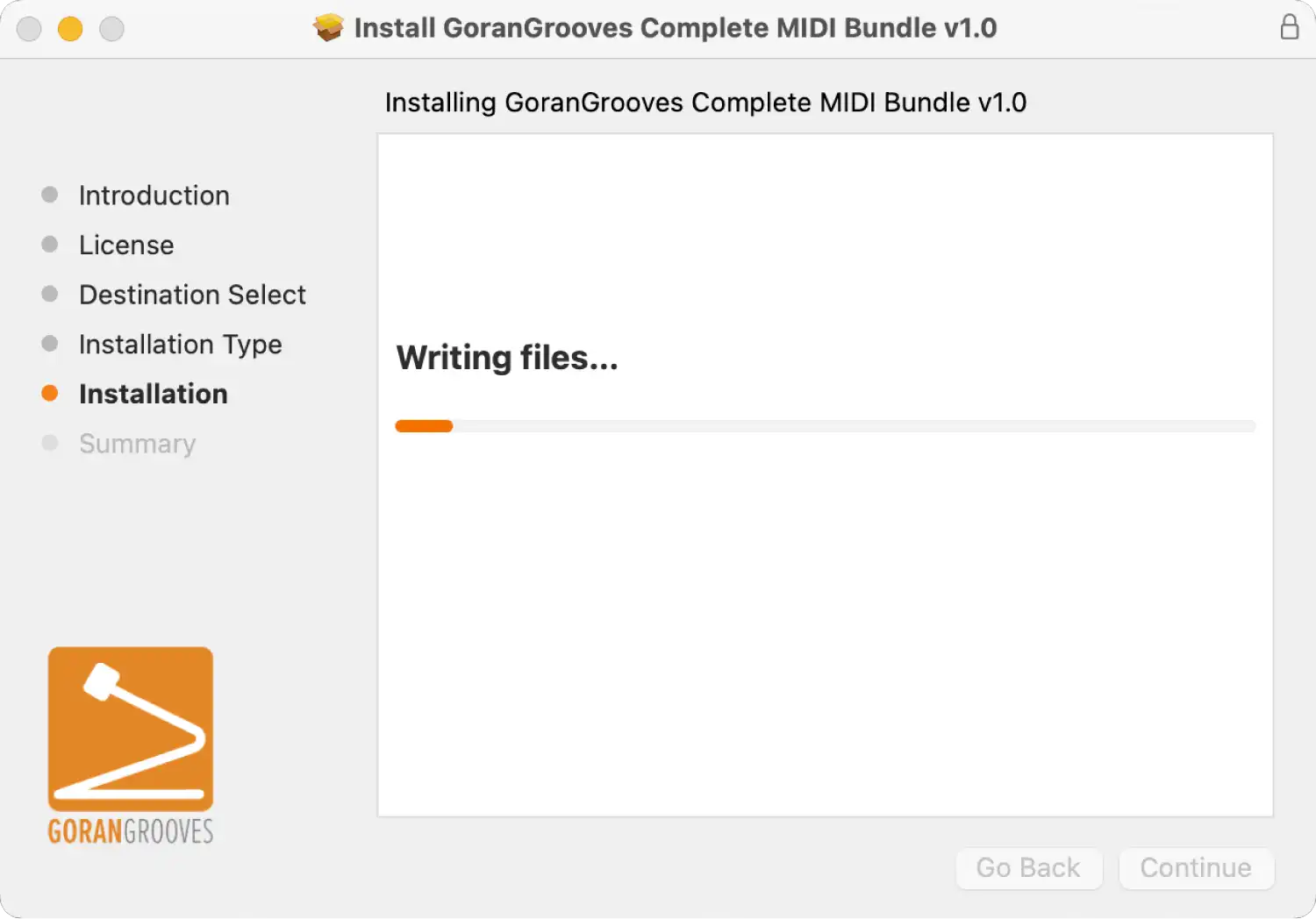 GoranGrooves Complete MIDI Bundle installer for Mac displaying progress screen.